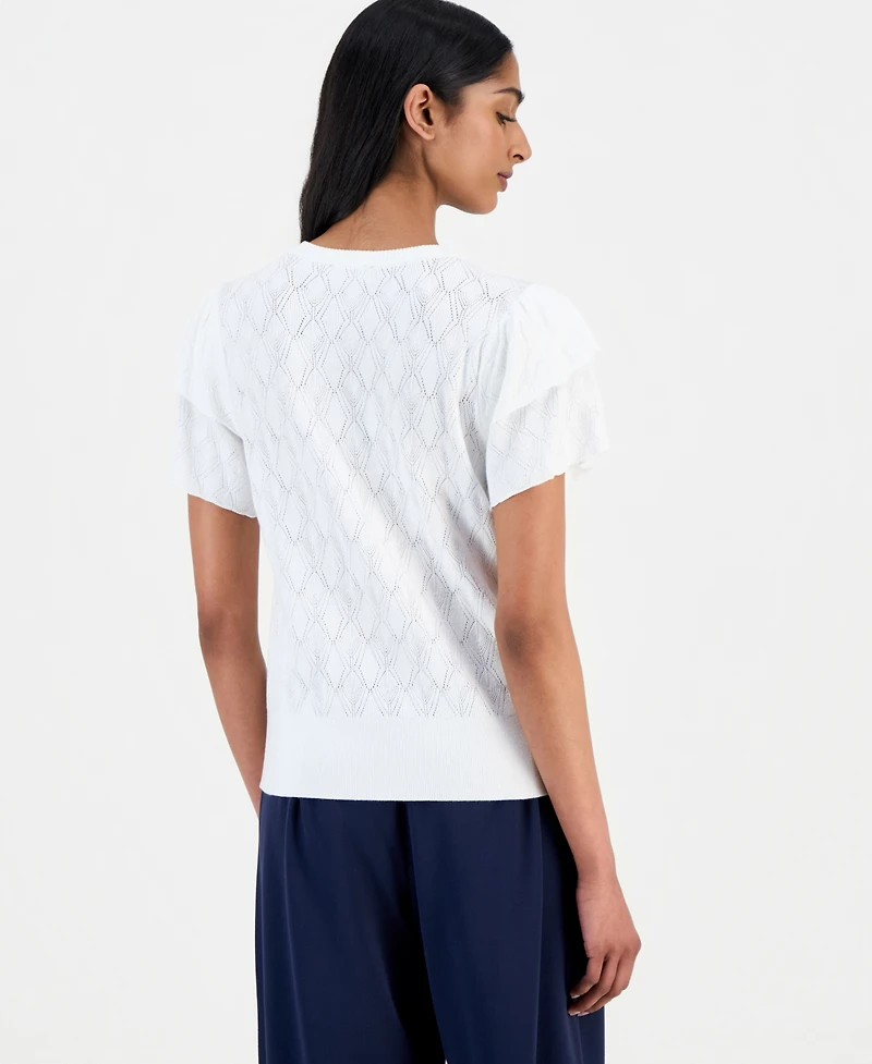 T Tahari Women's Pointelle Flutter-Sleeve Cardigan Sweater