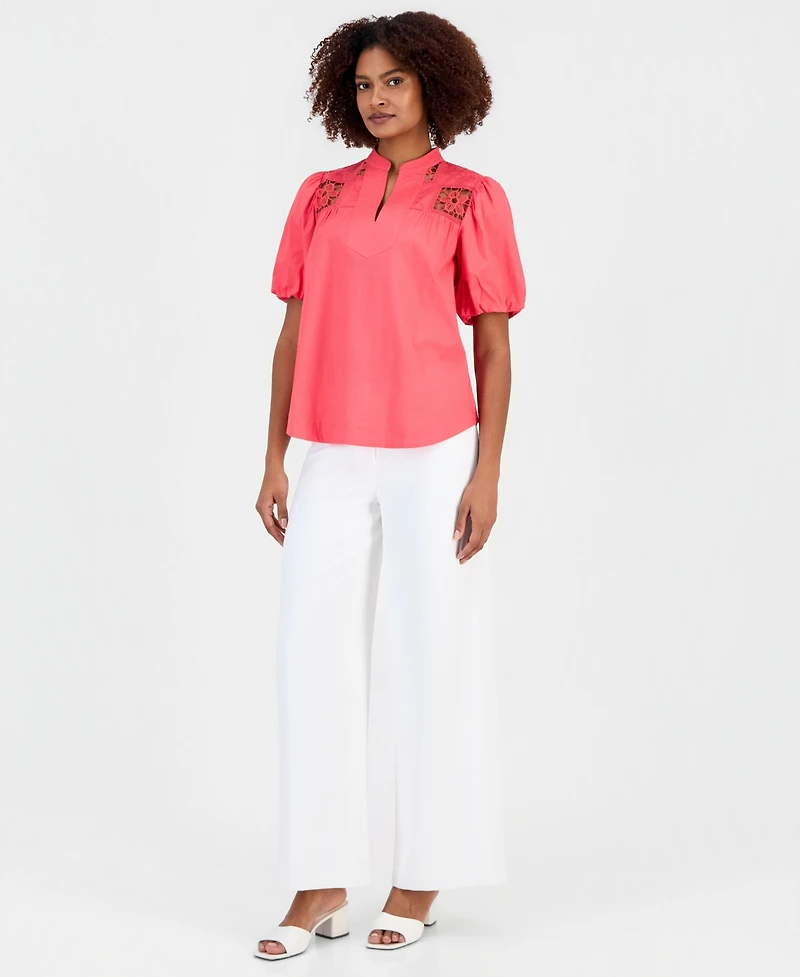 T Tahari Women's Split-Neck Lace-Yoke Puff-Sleeve Top