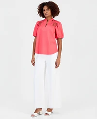 T Tahari Women's Split-Neck Lace-Yoke Puff-Sleeve Top