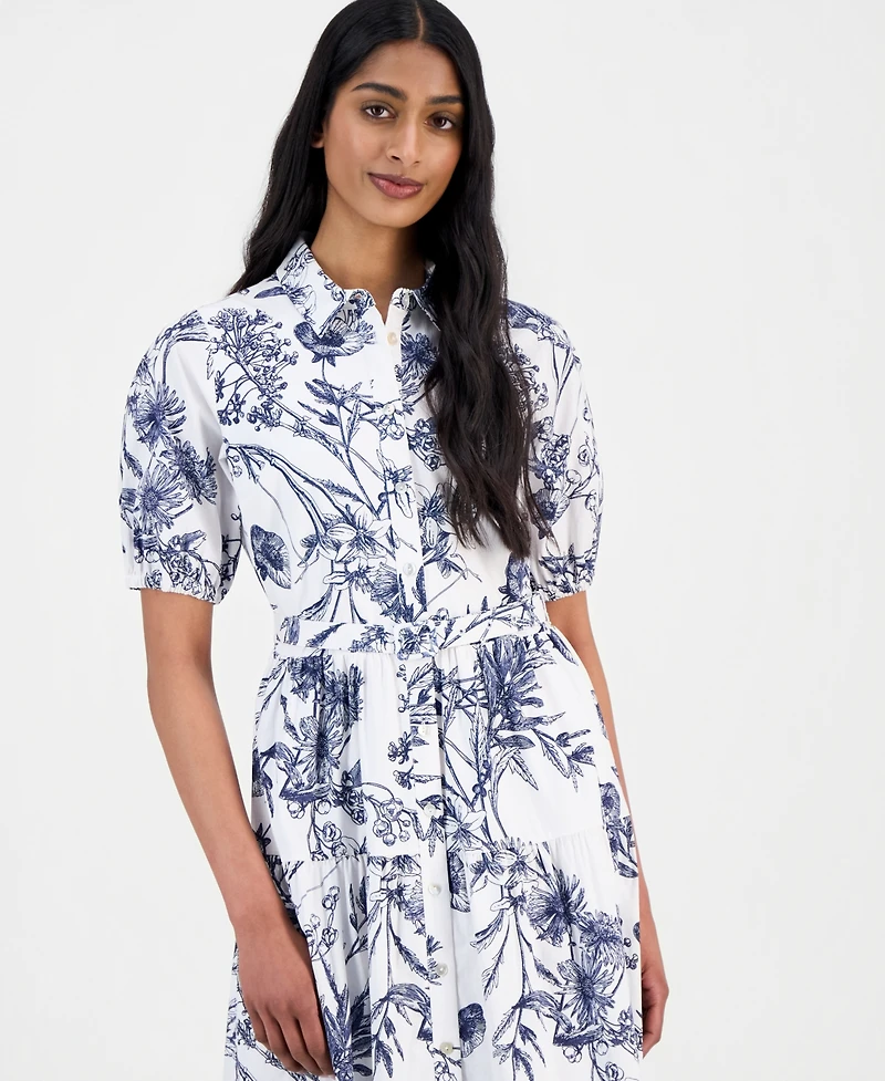 T Tahari Women's Printed Puff-Sleeve Shirtdress