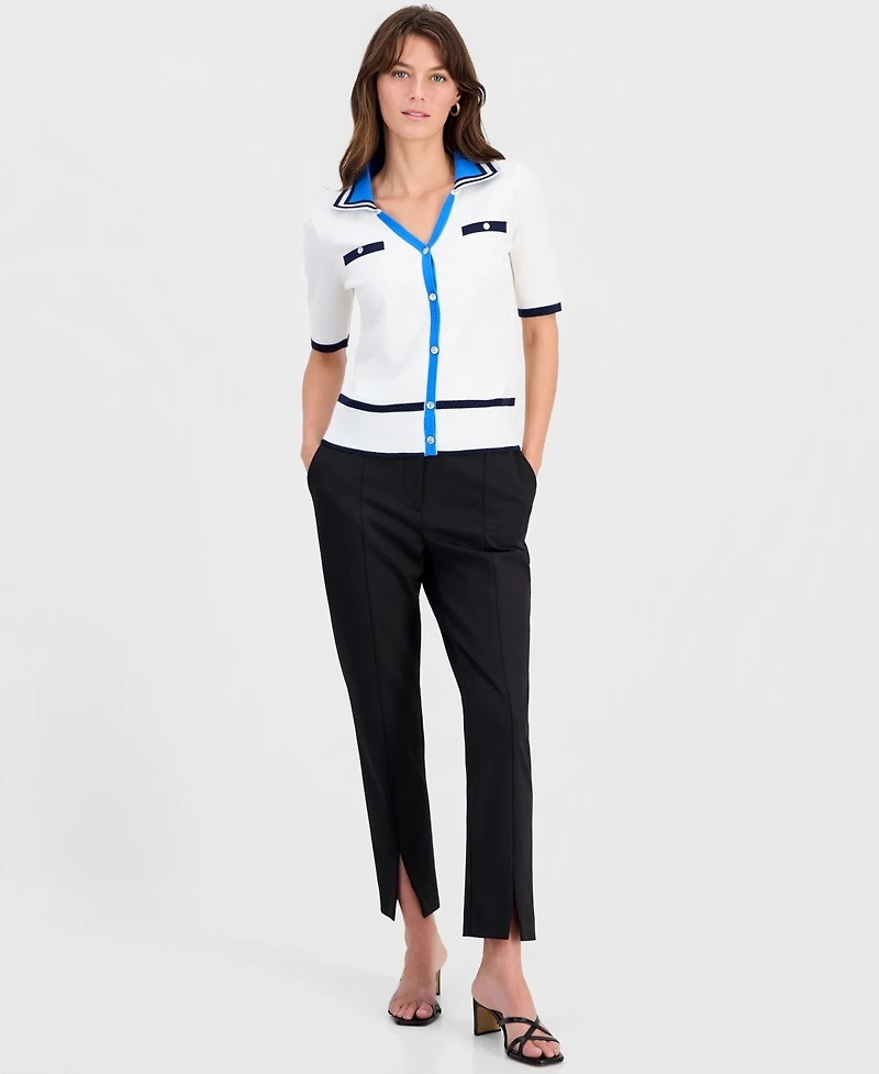 T Tahari Women's Contrast-Trim Johnny Collar Pullover Top