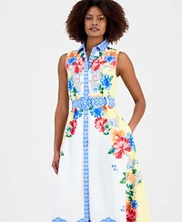 T Tahari Women's Printed Sleeveless Midi Shirtdress