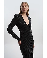 Karen Millen Women's Long Sleeve Plunge Neck Midi Dress