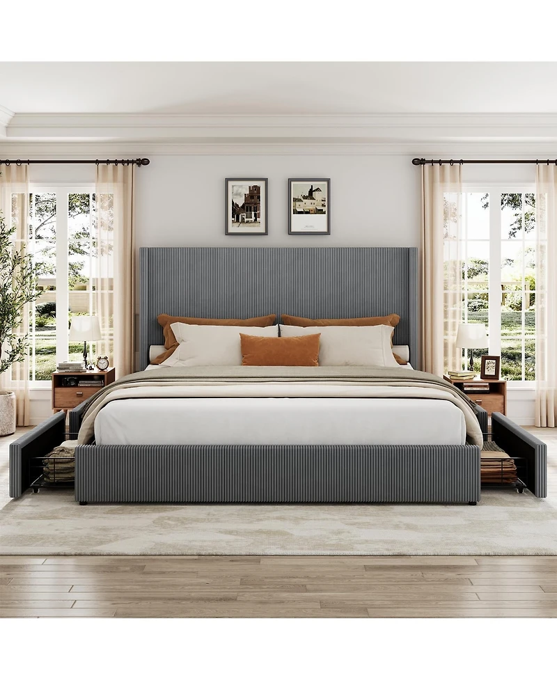 gaomon Corduroy Wingback Upholstered Platform Bed Frame with Storage Drawers