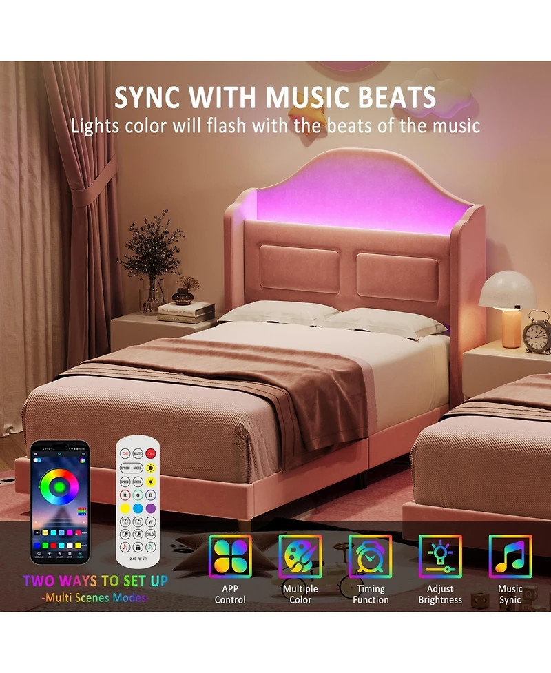 gaomon Wingback Velvet Platform Bed with Led Lights, Upholstered Storage Headboard, Wooden Slats Support