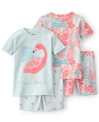 Carter's Girls' Toddler 2T-5T Short-Sleeve T-Shirt and Snug-Fit Shorts, 4-Piece Pajama Set