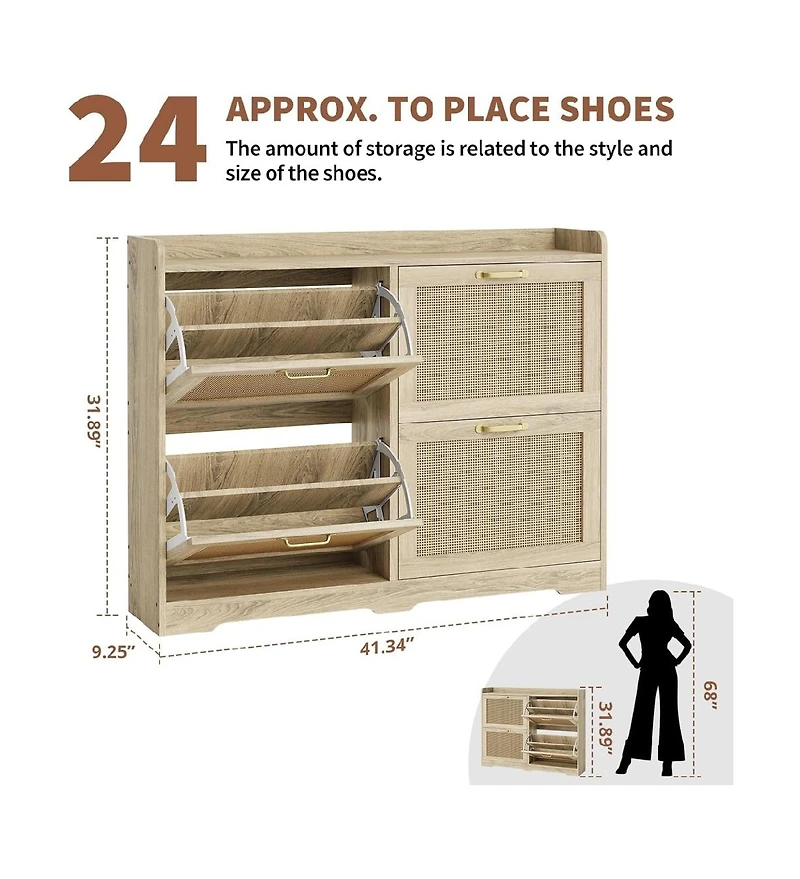 gaomon Rattan Shoe Storage Cabinet with 4 Flip Drawers, Hidden Shoe Storage Organizer Cabinet, Wide Freestanding Wood Breathable Shoe Rack Cabinet
