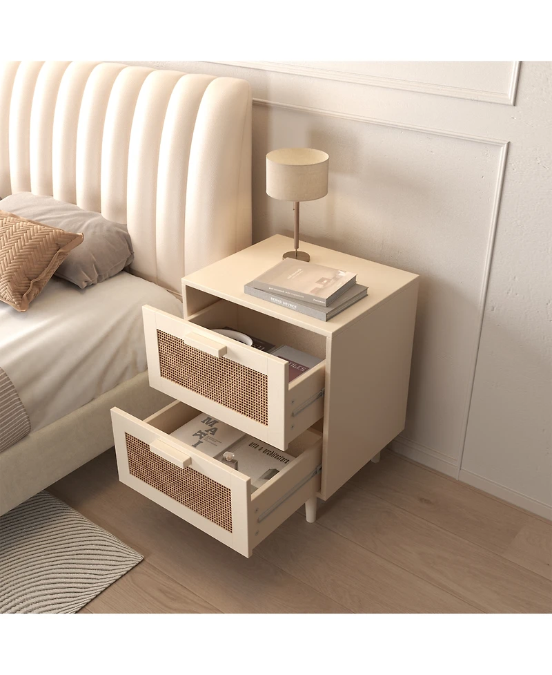 Rainsken Rattan Nightstand with 2 Faux Rattan Drawers, Wood Storage End Table Bedside Table for Living Room, Bedroom
