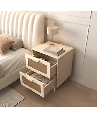Rainsken Rattan Nightstand with 2 Faux Rattan Drawers, Wood Storage End Table Bedside Table for Living Room, Bedroom