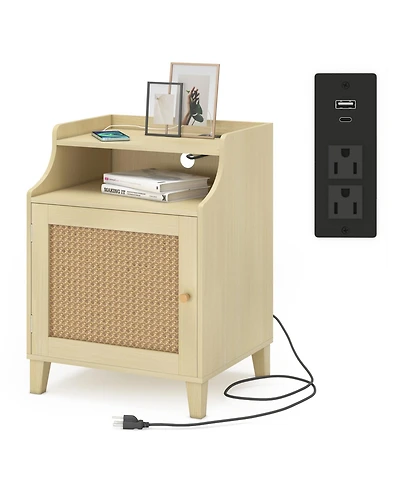 Rainsken Wood Nightstand with Charging Station, Bedside Table with Rattan Door and Adjustable Shelf, Farmhouse Side Table for Bedroom