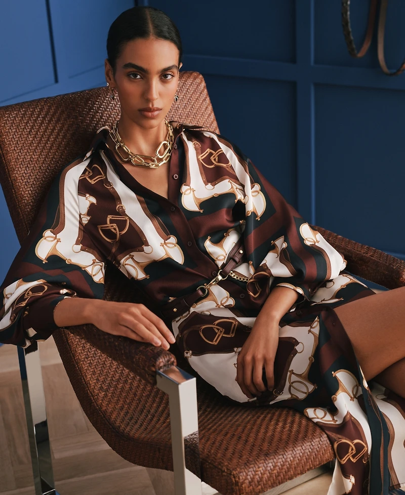 Lauren Ralph Women's Equestrian-Print Twill Midi Shirt Dress