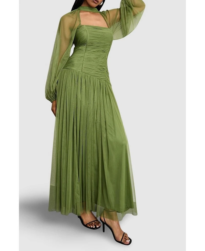 Warehouse Women's Bow Detail Gathered Tulle Maxi Dress