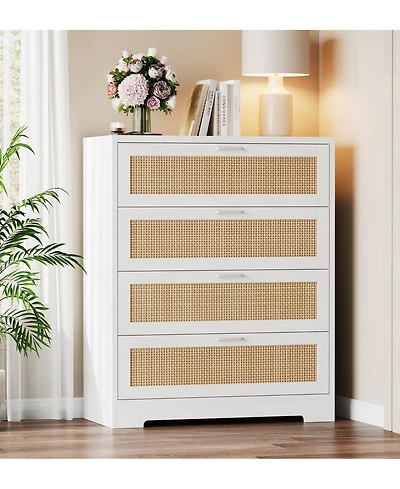 gaomon Tall 4 Drawer Wooden Rattan Dresser with Metal Pulls and Built In Power Ports