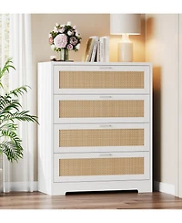 gaomon Tall 4 Drawer Wooden Rattan Dresser with Metal Pulls and Built In Power Ports