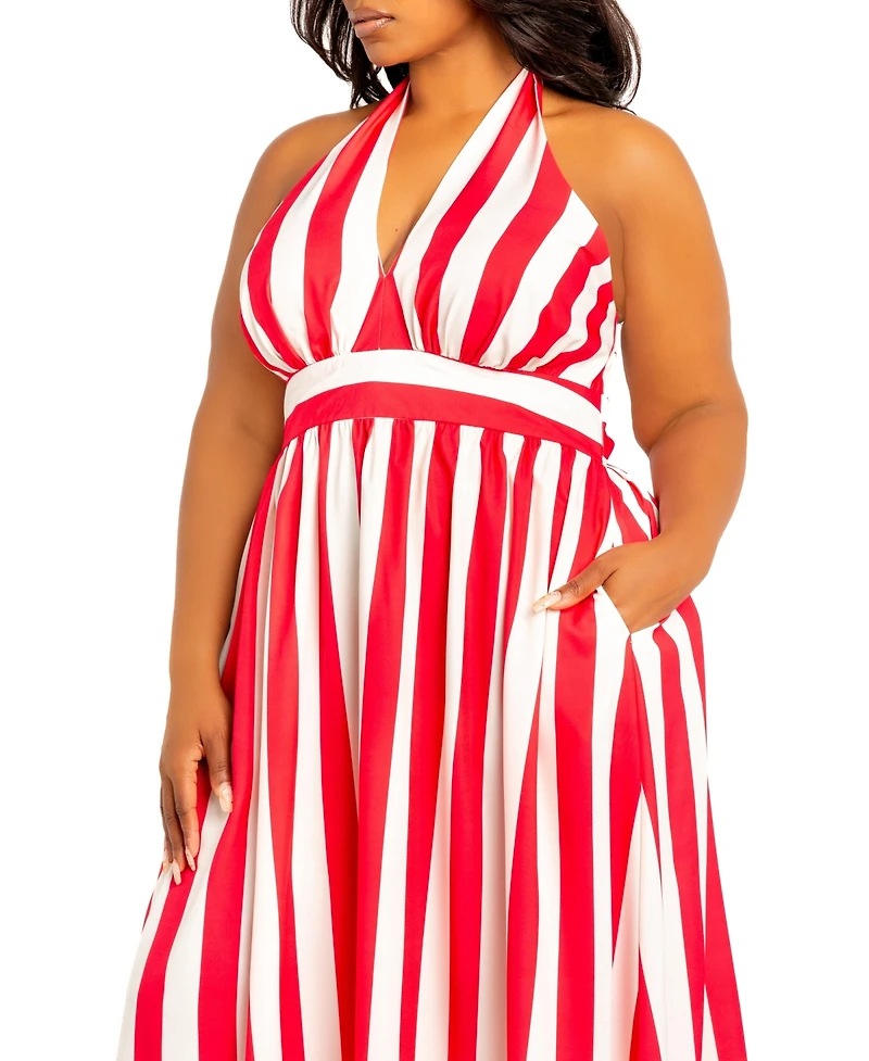 Buxom Couture Plus Size Stripe Halter Neck Maxi Dress