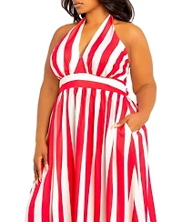 Buxom Couture Plus Size Stripe Halter Neck Maxi Dress