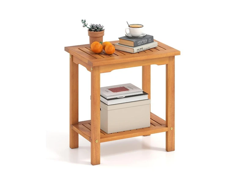 Slickblue Acacia Wood Patio Side Table with Slatted Top and Storage Shelf