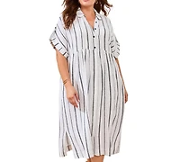 Tribal Plus Yarn Dye Stripe Flowy Shirt Dress