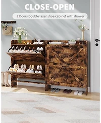 gaomon Shoe Storage Cabinet with 2 Flip Drawers, Freestanding Organizer Wooden Legs for Entryway, Farmhouse Slim Cabinet, Black