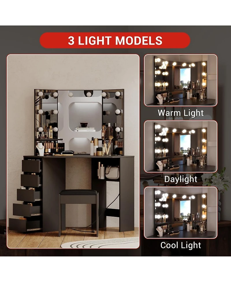 gaomon Corner Vanity and Stool - Corner Vanity Desk with Mirror and Lights