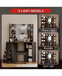 gaomon Corner Vanity and Stool - Corner Vanity Desk with Mirror and Lights