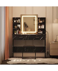 gaomon Vanity Desk with Lighted Mirror - Makeup Vanity Set with Power Outlet/Cushioned Stool - Vanity Table with 6 Storage Shelves