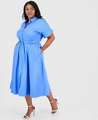 Anne Klein Plus Short-Sleeve Stretch Sateen Shirtdress