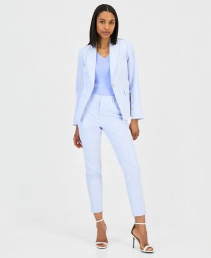 Tahari Asl Womens Seersucker Stripe Cotton One Button Blazer V Neck Sleeveless Ribbed Knit Top Seersucker Stripe Cotton Slim Leg Pants