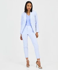 Tahari Asl Womens Seersucker Stripe Cotton One Button Blazer V Neck Sleeveless Ribbed Knit Top Seersucker Stripe Cotton Slim Leg Pants