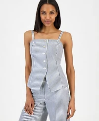 Tahari Asl Womens Striped Button Front Sleeveless Top Seersucker Stripe Wide Leg Pants