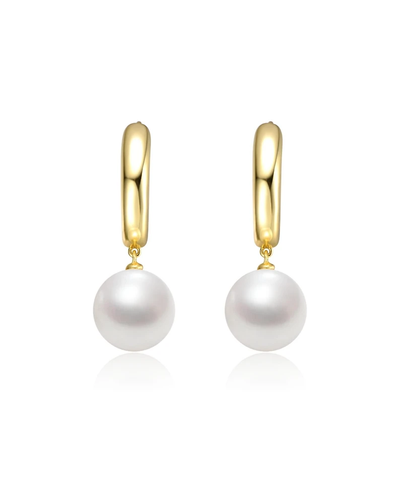 Sterling Silver 14k Yellow Gold Plated White Pearl Drop Huggie Hoop Earrings