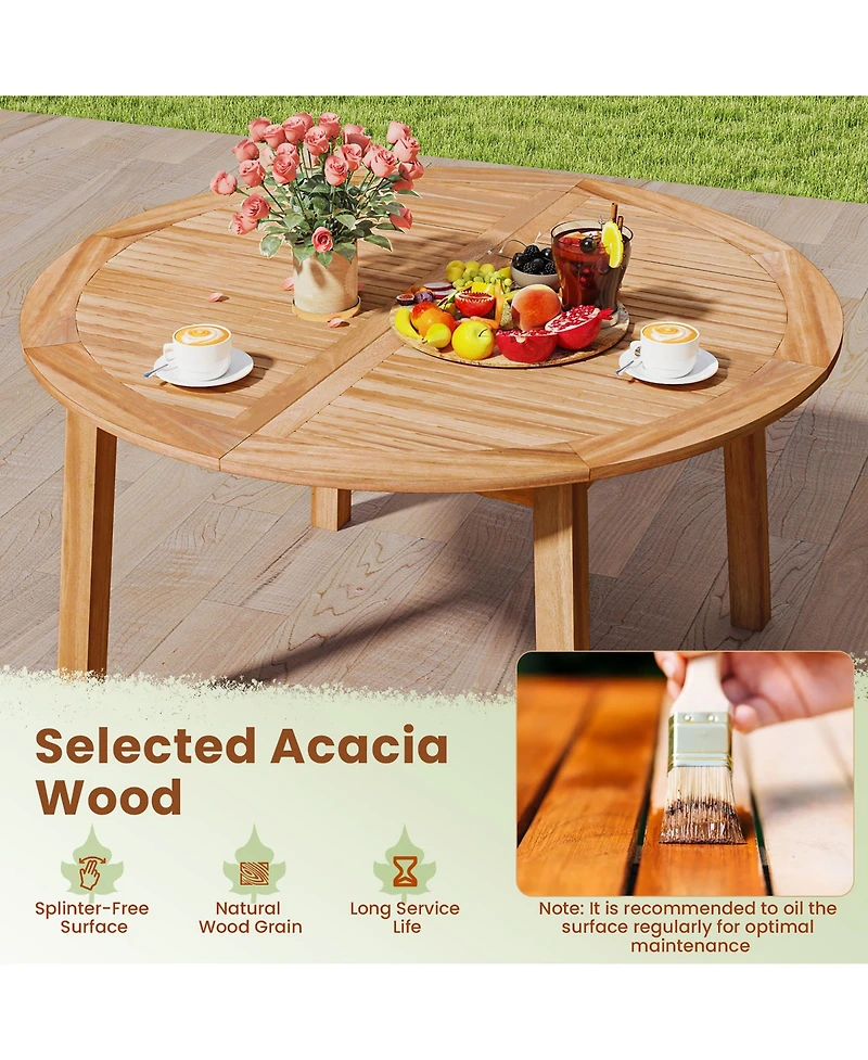 Gymax Round Patio Dining Table Acacia Wood Outdoor Dining Table w/ 2'' Umbrella Hole