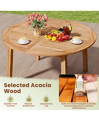 Gymax Round Patio Dining Table Acacia Wood Outdoor Dining Table w/ 2'' Umbrella Hole