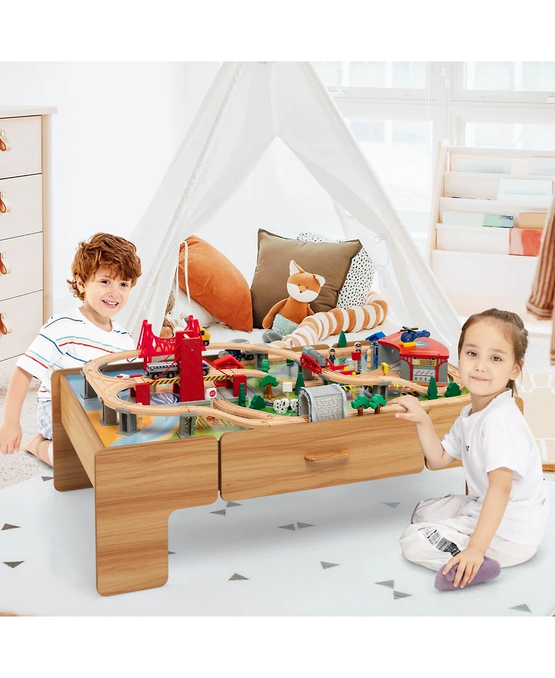 Mecale 100-Piece Double-Sided Wooden Train Table Set with Storage Drawer, Ages 3