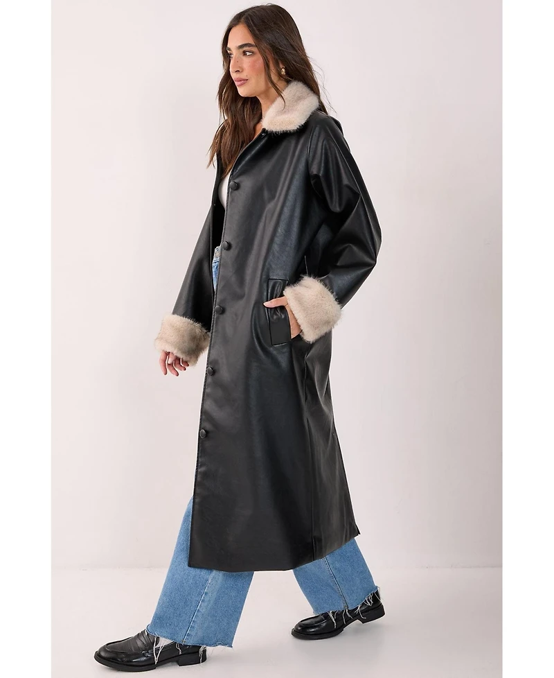 Nasty Gal Women's Faux Leather Longline Fur Trim Coat
