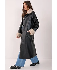 Nasty Gal Women's Faux Leather Longline Fur Trim Coat