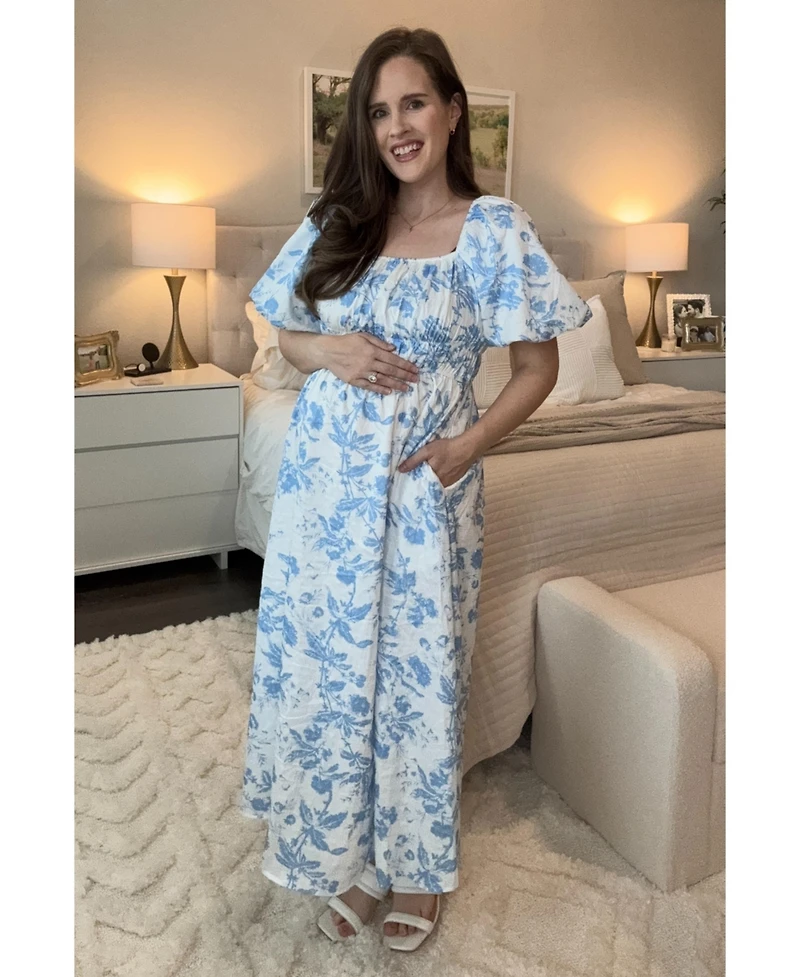 Pinkblush Maternity Teal Floral Puff Sleeve Midi Dress