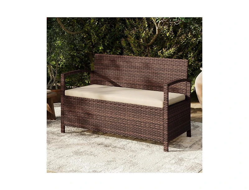 Slickblue 2-Seat Pe Wicker Patio Storage Bench with Cushion and Deck Box