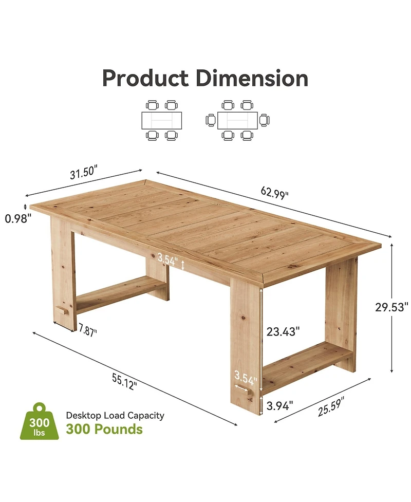 Tribesigns 63" Solid Wood Dining Table, Rectangle Kitchen Table for 4-6 People