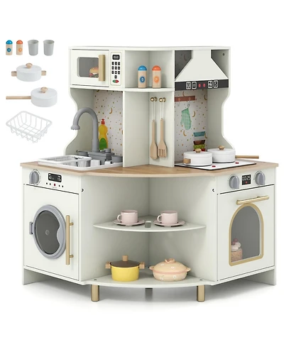 Mecale Kids Play Kitchen, Wooden Corner Kitchen Playset with Working Faucet & Sink