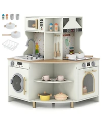 Mecale Kids Play Kitchen, Wooden Corner Kitchen Playset with Working Faucet & Sink