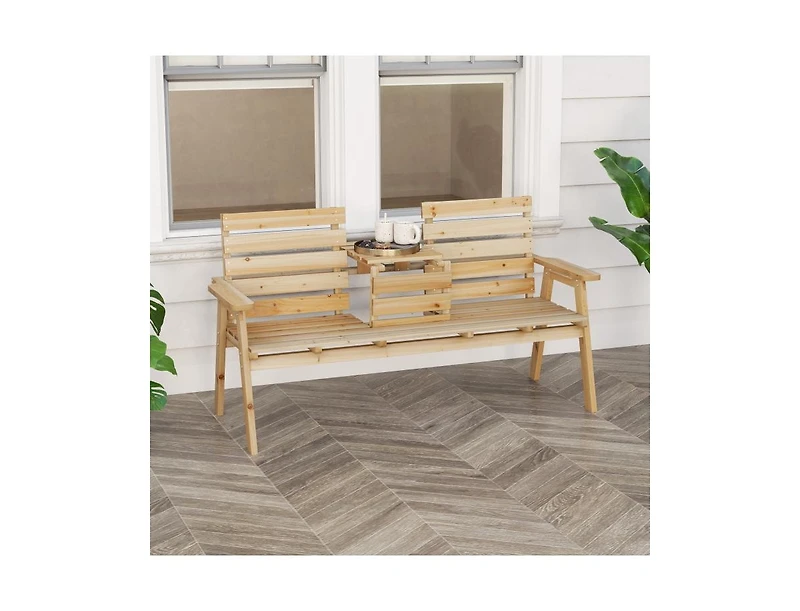 Slickblue Outdoor Fir Wood Bench with Foldable Middle Table-Gray