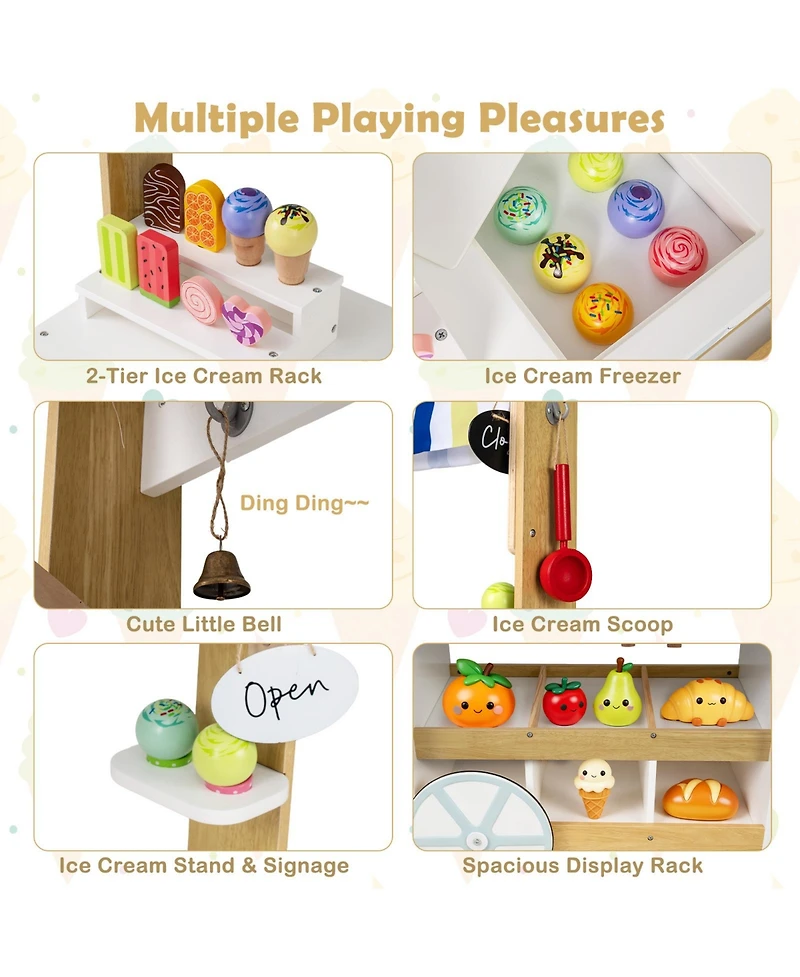 Mecale Wooden Ice Cream Cart for Kids, 2-in-1 Grocery Store Playset with Display Shelves