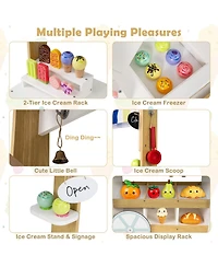 Mecale Wooden Ice Cream Cart for Kids, 2-in-1 Grocery Store Playset with Display Shelves