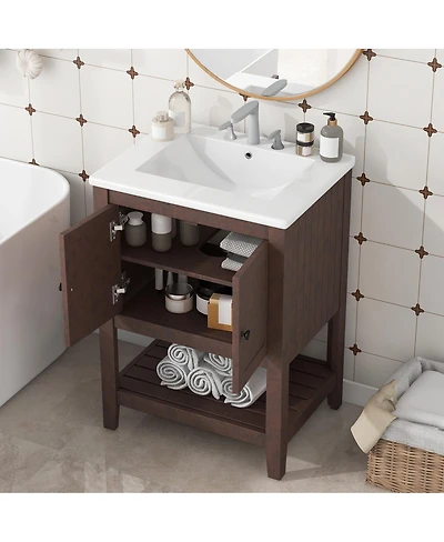 Sillysis 24" Bathroom Vanity with Ceramic Sink, Solid Wood Frame, Open Shelf Storage for Modern Small Spaces