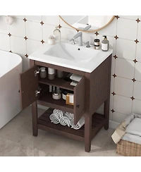 Sillysis 24" Bathroom Vanity with Ceramic Sink, Solid Wood Frame, Open Shelf Storage for Modern Small Spaces