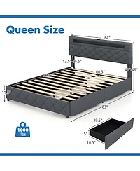 Queen Size Bed Frame with Led Lights & Charging Station & Modern Upholstered Bed