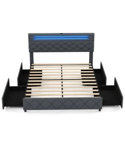 Queen Size Bed Frame With Led Lights Charging Station Modern Upholstered Bed
