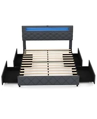 Queen Size Bed Frame With Led Lights Charging Station Modern Upholstered Bed