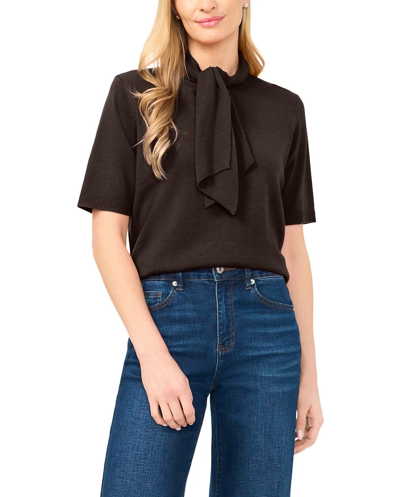 CeCe Women's Tie Neck Short-Sleeve Sweater
